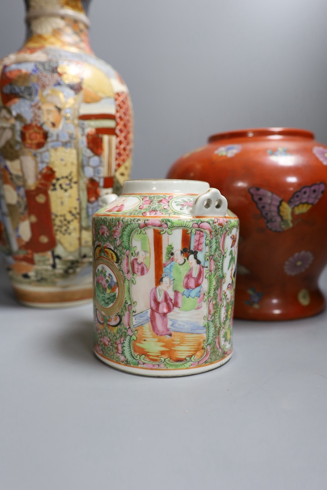 Japanese satsuma vase, 39cm high, together with a red Chinese vase and 19th century Chinese famille rose teapot